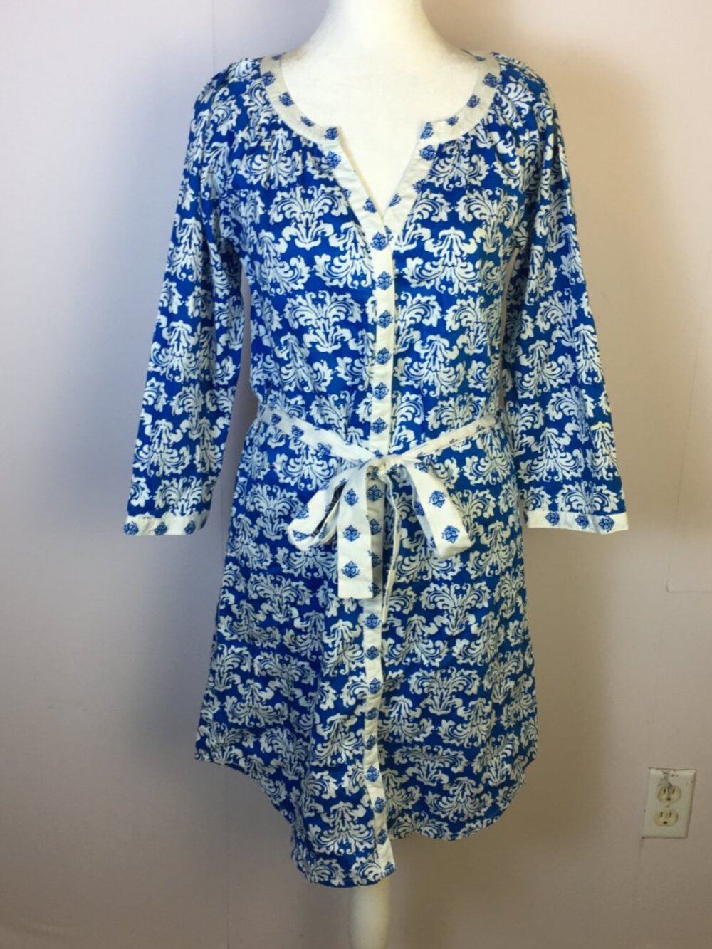 Hatley Tunic Shirt Dress Sz S/P Womans Petite Blue White Floral Button Up Belted